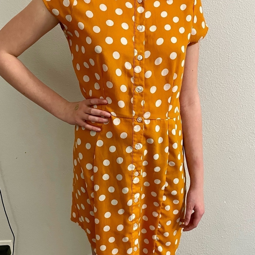 City Streets 50’s Retro Vintage Style Collared Gold Polka Dot Dress Medium - Picture 2 of 9